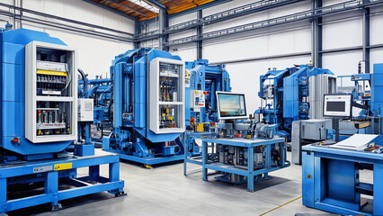 Fototapeta premium Modern industrial workshop showcasing advanced blue machinery and equipment