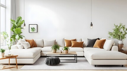 Cozy and inviting modern minimalist living room with a large comfortable sectional sofa bright white walls natural wood accents plush throw pillows potted plants sleek coffee table