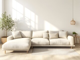 Cozy and Inviting Modern Scandinavian Inspired Living Space with Plush Sectional Couch Tasteful Minimalist Decor and Abundant Natural Light Creating a Warm Welcoming Ambiance