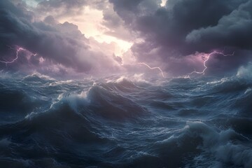 storm above the ocean in the night with a lot of waves
