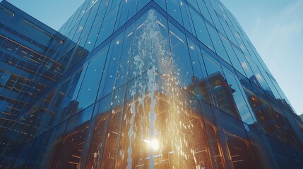 A modern glass building. Bottom view