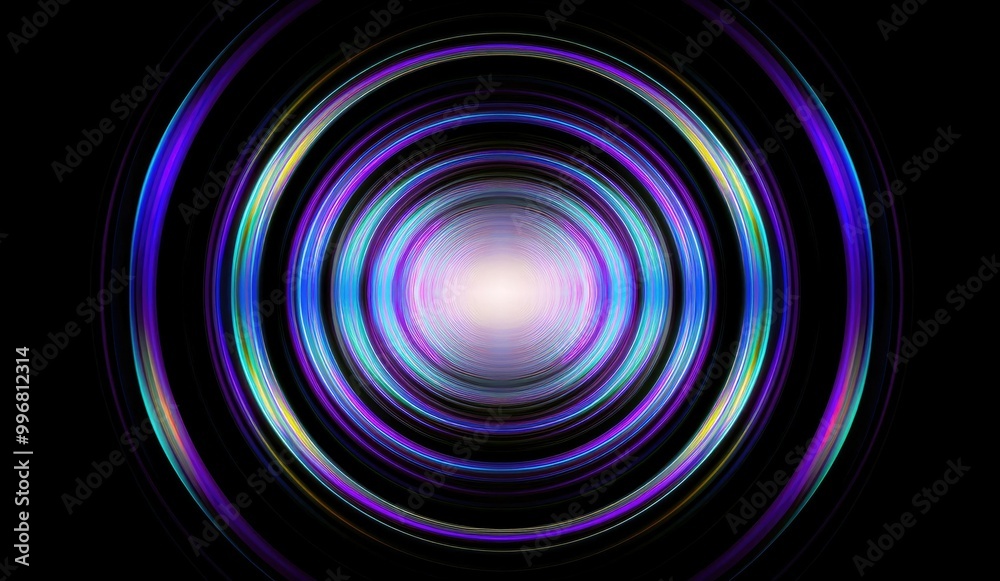 Poster a vibrant, abstract design featuring concentric circles radiating light and color, creating a dynami