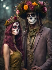 portrait of a woman and man in halloween costume and make-up