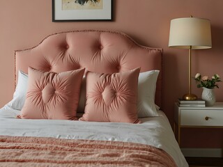 A bed features a pink headboard and white pillows.