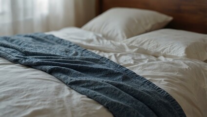 A bed is dressed with a white comforter and a blue blanket.