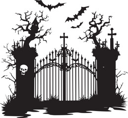 Silhouettes of Cemetery gate silhouette on white background