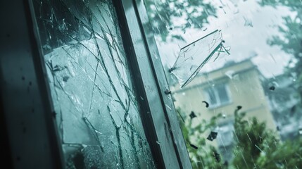 Broken Window with Flying Debris After Destruction