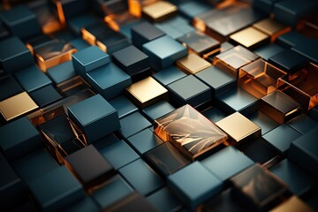 3D abstract of black and gold squares, texture of squares of black and yellow tone. Futuristic modern wallpaper of the future.