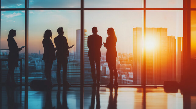 A group of people are standing in a window looking out at the city - Powered by Adobe