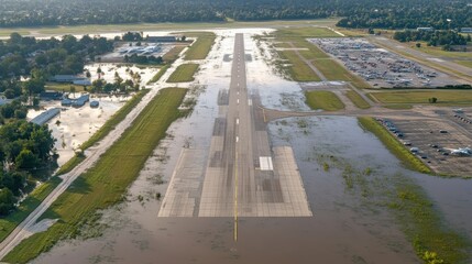 Flooded Airport Runway with Grounded Airplanes