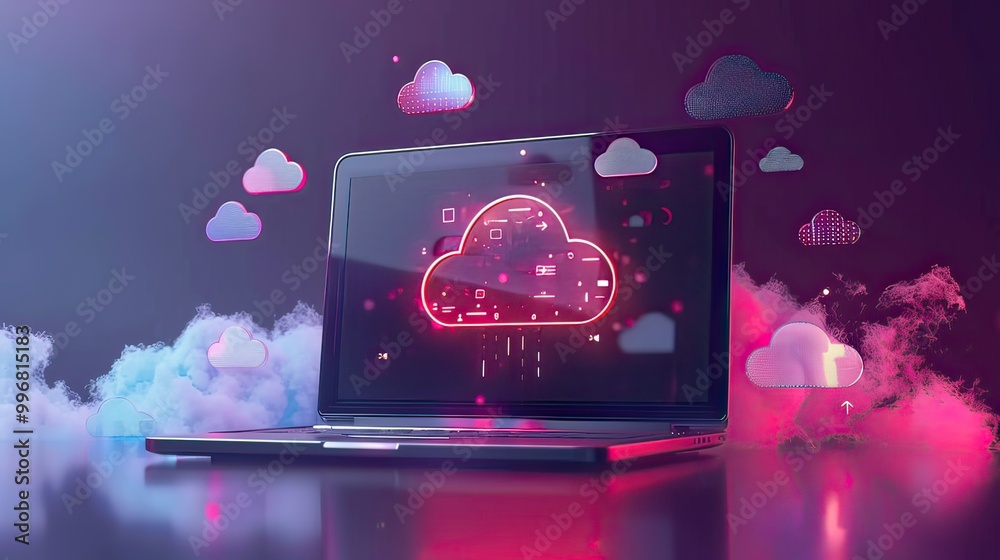 Poster an open laptop with a cloud symbol and floating data icons around it.