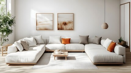 Cozy and Inviting Scandinavian Inspired Modern Living Room with Stylish Minimalist Decor Featuring a Large Comfortable Sectional Sofa Bright White Walls Accented by Warm Natural Wood Tones