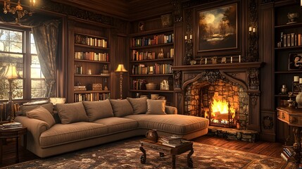 Cozy and inviting traditional living room featuring a plush overstuffed sectional sofa in a warm hue surrounded by ornate antique decor and bookshelves oil painting like lighting