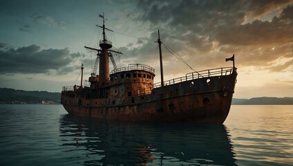 Fototapeta premium A rusty ship rests in the water, perfect for nautical themes and feelings of desolation.