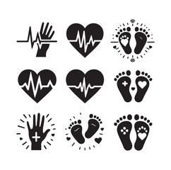 Set of heart pulse with heart and babys feet vector flat style silhouette vector illustration