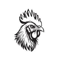 Rooster logo, chicken head mascot, black and white, vintage design template vector illustration