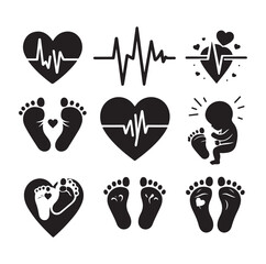 Set of heart pulse with heart and babys feet vector flat style silhouette vector illustration