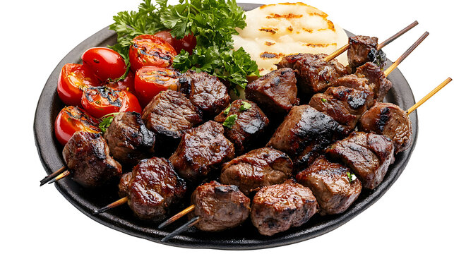 Front view of Ciger Sis with Turkish liver kebap, featuring skewered and grilled liver pieces, isolated on a white transparent background