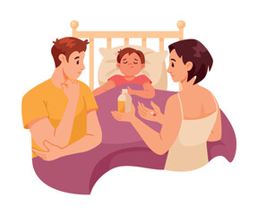 Parental Care for Sick Child with Mom and Dad Sit at Son Bed Vector Illustration