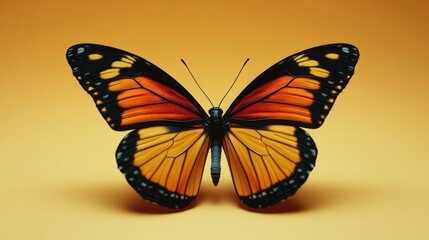 Fototapeta premium A butterfly with orange and black wings is sitting on a yellow surface
