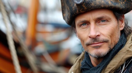A man in a pirate costume stands proudly by a boat against a maritime backdrop