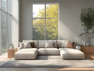 Fototapeta premium Cozy and relaxing modern living area with a generously sized modular sectional sofa muted accents and contemporary Scandinavian inspired aesthetic bathed in natural daylight through expansive