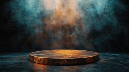 Fototapeta premium A minimal podium sits under foggy lighting in a dark desert setting with a gradient sky