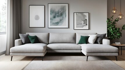 Cozy and sophisticated 3D rendered living room featuring a comfortable L shaped couch streamlined minimalist furnishings and warm welcoming color accents