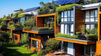 Fototapeta premium Energy-efficient multifamily residential complex with green balconies. 