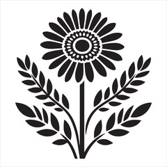 Graphic artwork of a flower icon in black.