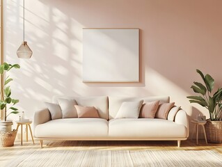 Fototapeta premium Cozy and Stylish Contemporary Living Area with Generously Sized Sofa and Warm Natural Light Scandinavian Inspired Interior Design with Clean Lined Furnishings Detailed Textures and Serene Ambiance