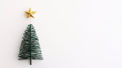Sfondo natalizio minimalista con un'unica stella dorata in cima al semplice contorno di un albero verde, il tutto su uno sfondo bianco dove poter scrivere