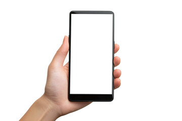 Smartphone Mockup with Blank Screen Held in Hand, Isolated Mobile Device for App Display and Digital Technology, Perfect for Tech Designs and Mobile Templates