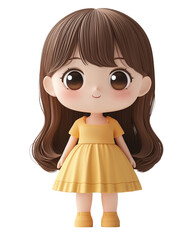 Happy expression of a young female cartoon character with shoulder-length brown hair 