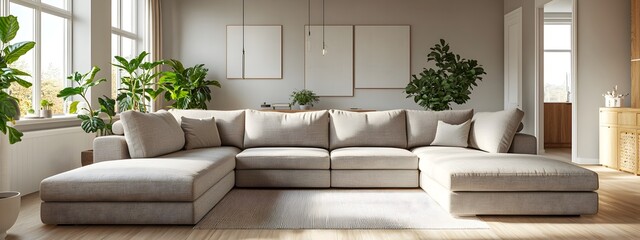 Cozy and welcoming modern living room showcasing a plush L shaped sectional sofa in a neutral textile minimalist yet stylish decor with natural wood and plant life accents