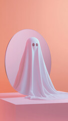 Ghost balloon and its reflection in pink frame on pink background