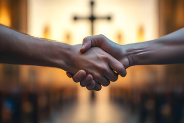 Jesus Faith. Handshake of Friends with Blurred Background of Christian Church and Cross