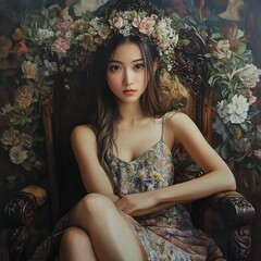 Gorgeous young woman with long dark hair sitting calmly amidst a lush blooming floral arrangement in an outdoor garden setting  She wears a delicate floral print dress and a flower crown