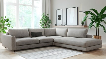 Fototapeta premium Cozy and Welcoming Modern Living Room with Plush L Shaped Sectional Sofa Minimalist yet Stylish Decor and Abundant Natural Light Flooding the Space Through Large Windows
