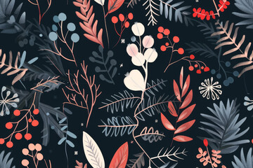 Christmas botanical ornaments and moody floral foliage on dark seamless background