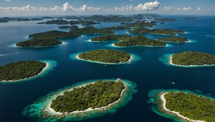 Aerial view of the Emerald Archipelago, lush islands in azure waters.