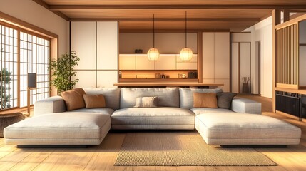 Fototapeta premium Cozy and Welcoming Open Concept Living Room with a Large Sectional Sofa a Tasteful Blend of Modern and Classic Elements Warm Color Accents Bringing Character Soft Lighting