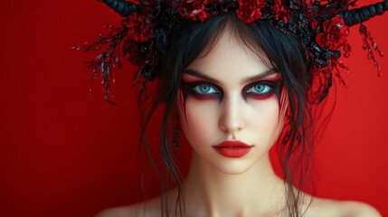 Obraz premium Seductive Demon Woman with Gothic Wings and Choker