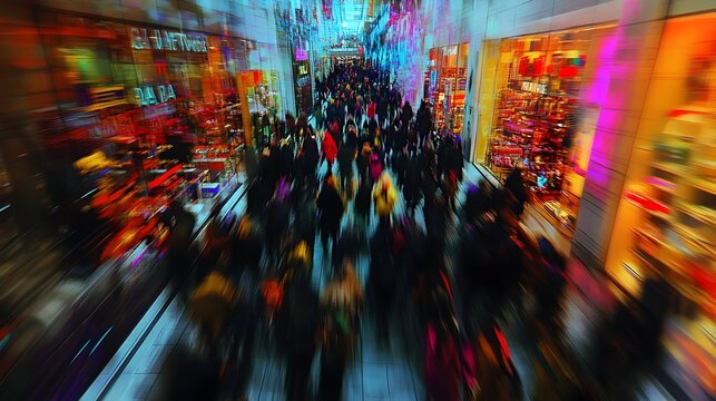 Hordes of bargain hunting consumers driven by consumerist fervor flooding the flagship department store on chaotic Black Friday with eye catching window displays and tangled sale racks