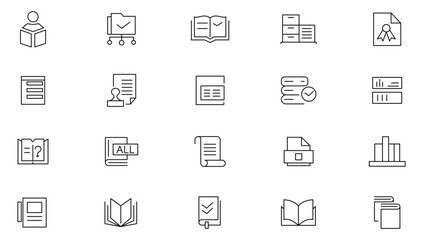 Book and Reading line icon set. Book and reading. E-books, library, literature, online education, knowledge, global, audio book, video lesson, course line icon set. Ui thin line icon pack.