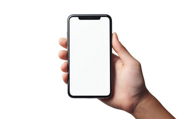 Smartphone Mockup with Blank Screen Held in Hand, Isolated Mobile Device for App Display and Digital Technology, Perfect for Tech Designs and Mobile Templates
