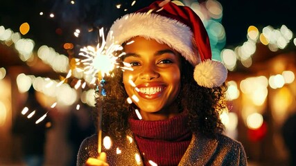 A black woman in a Santa hat smiles brightly while holding a sparkler at a Christmas holiday event filled with colorful lights and decorations