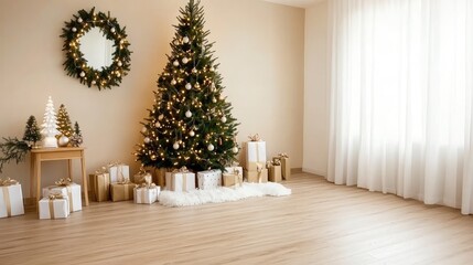 This warm, inviting room is decorated for Christmas, featuring a sparkling tree, gifts nestled underneath, and soft lighting that enhances the holiday spirit beautifully
