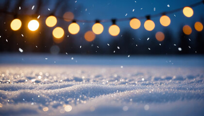 Obraz premium snow cover in the foreground, bokeh garland in the blurred background