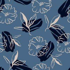 blue seamless vector stock flowers with leaves pattern on cream background